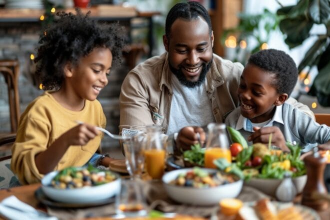 Illustration. Une famille profitant d'un repas sans risque d'allergie.