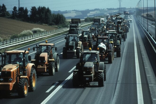 Illustration. Des agriculteurs en "opération escargot" sur une autoroute.