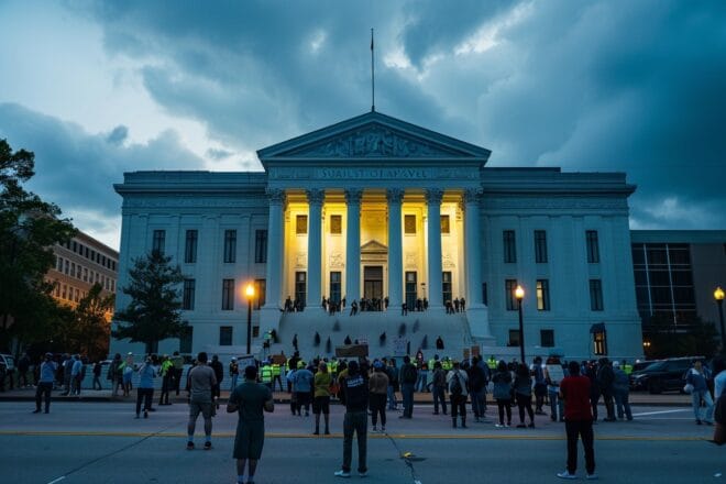 Illustration. Manifestation devant la Cour suprême d'un Etat américain.