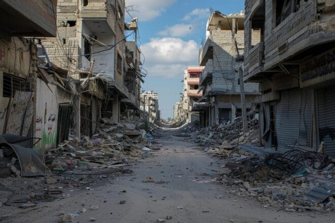 Illustration. Une rue de Gaza en ruines.