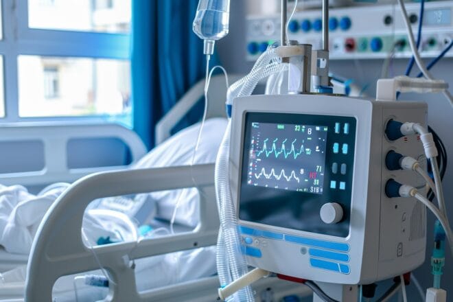 Illustration. Un respirateur artificiel dans une chambre d'hôpital.