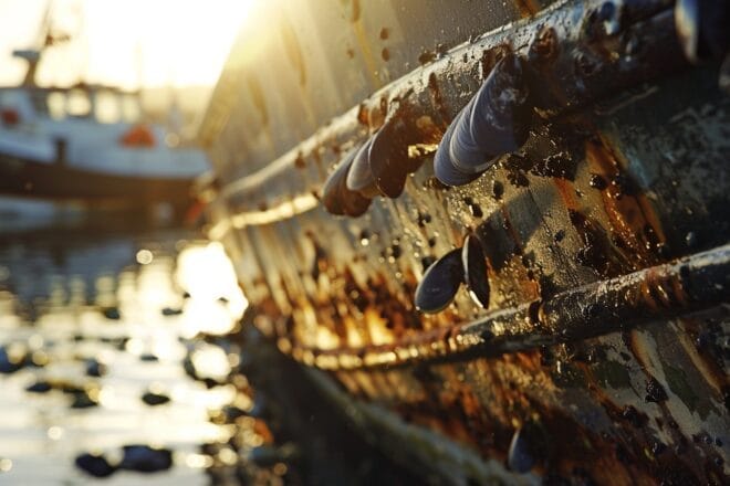 Illustration. Des moules sur la coque d'un bateau.