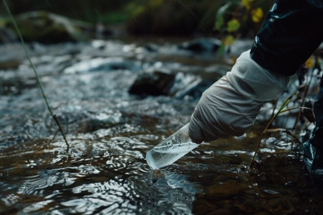 Illustration. Un scientifique prélevant de l'eau dans une rivière.