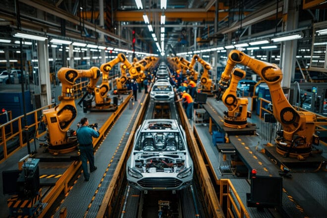 Illustration. Une chaîne de production dans une usine automobile.