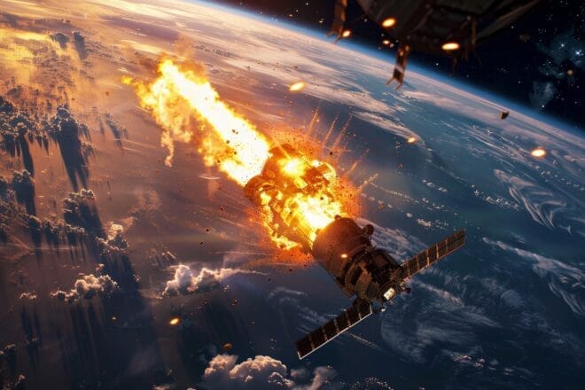 Illustration d'un satellite en train de se consumer dans l'atmosphère terrestre.