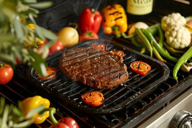 Illustration. Un "steak végétal" sur un grill.