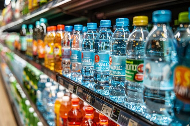 Illustration. Des bouteilles d'eau dans un rayon de supermarché.