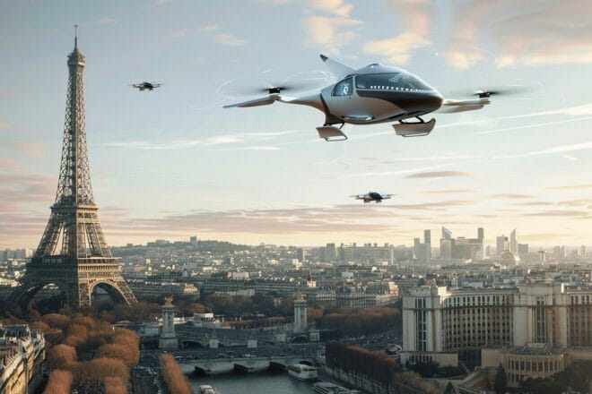 Illustration. Un taxi volant dans le ciel parisien.