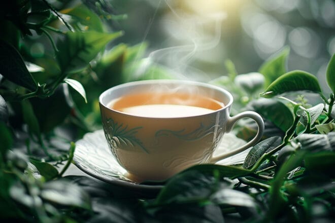 Illustration. Une tasse de thé fumante.