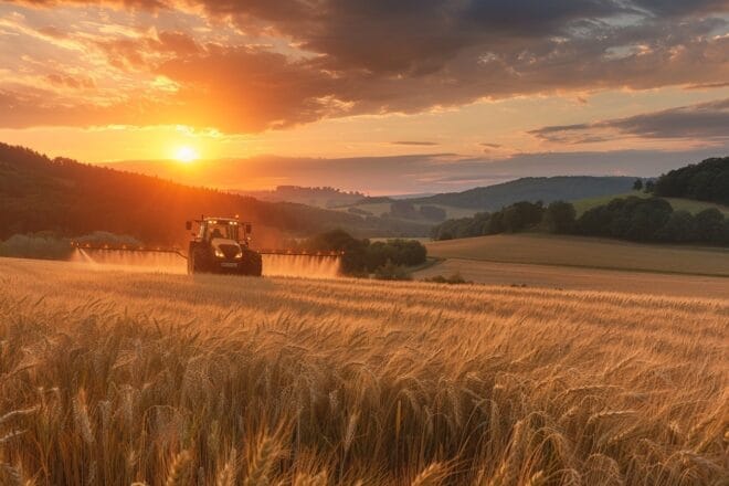 Illustration. Un tracteur en train d'épandre des pesticides.