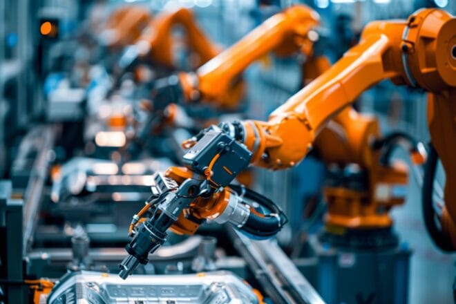 Illustration. Des bras robotisés dans une usine automobile.