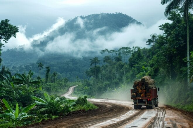 Illustration. Transport de bois en Amérique du Sud.