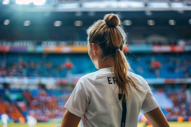 Illustration. Une joueuse de football prête à en découdre.