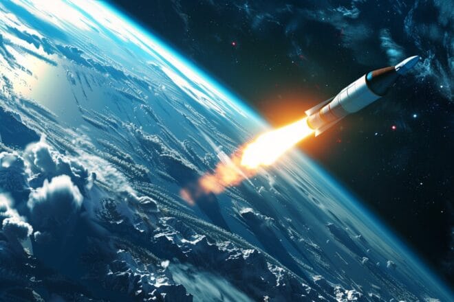 Illustration. Une fusée en partance pour l'espace.