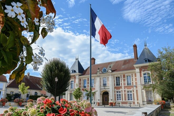 Illustration. Un drapeau français devant une mairie.