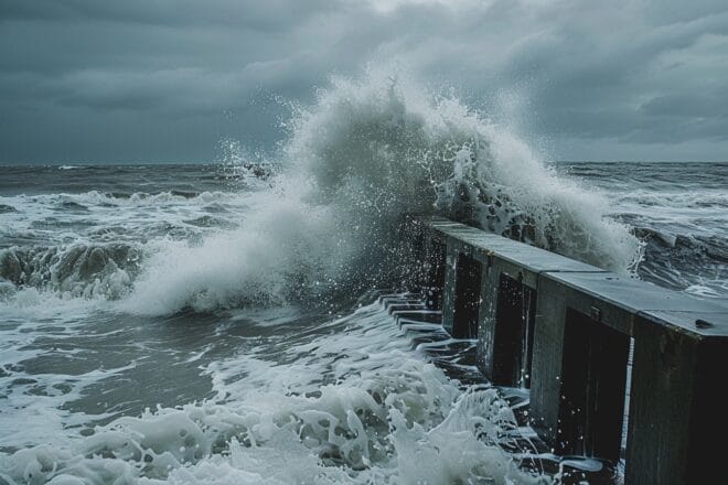 Illustration. Des vagues contre une digue.