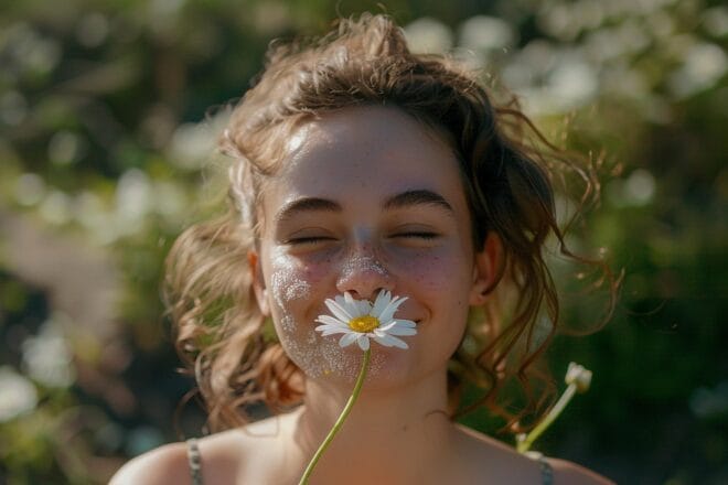 Illustration. Une jeune femme respirant une fleur.