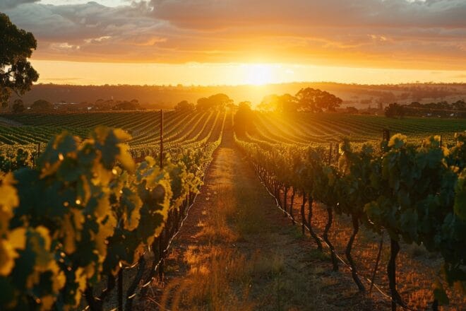 Illustration. Coucher de soleil sur le vignoble australien.