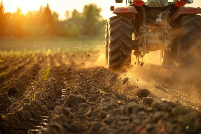 Illustration. Le passage d'un tracteur, à l'aube.