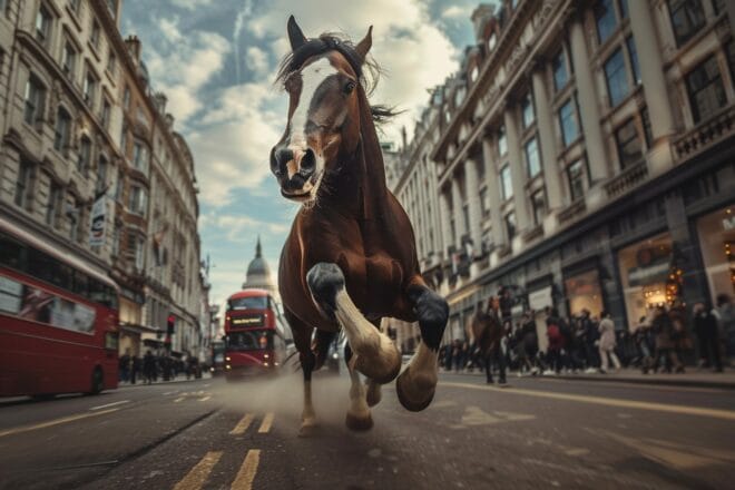 Illustration. Un cheval dans une rue de Londres.