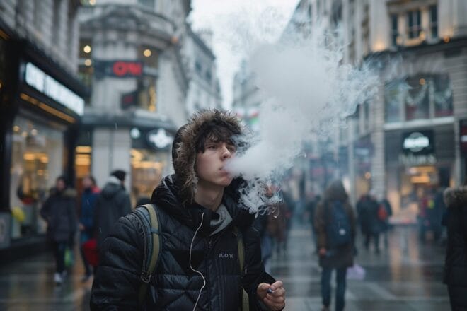 Illustration. Un jeune homme expire la fumée d'une cigarette électronique.