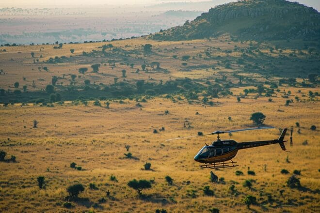 Illustration. Un hélicoptère survolant le Kenya.