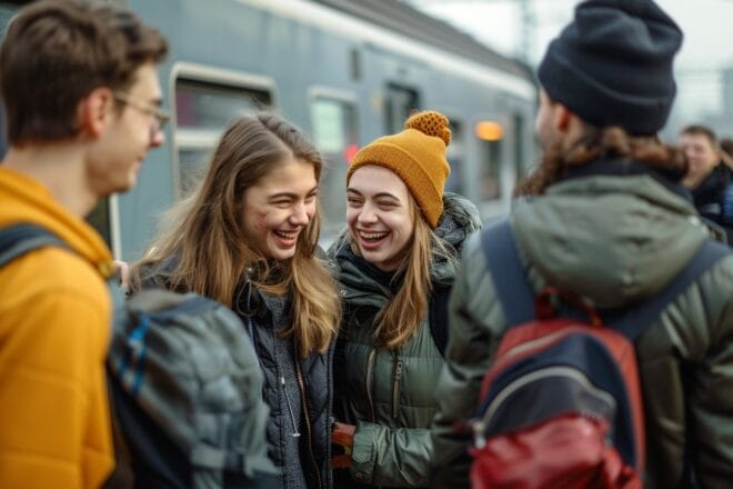 Illustration. Des jeunes voyageurs attendant le train.