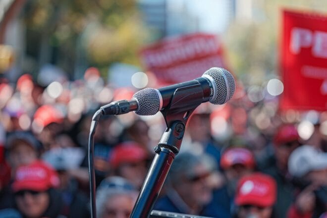 Illustration. Micro et tribune politique.