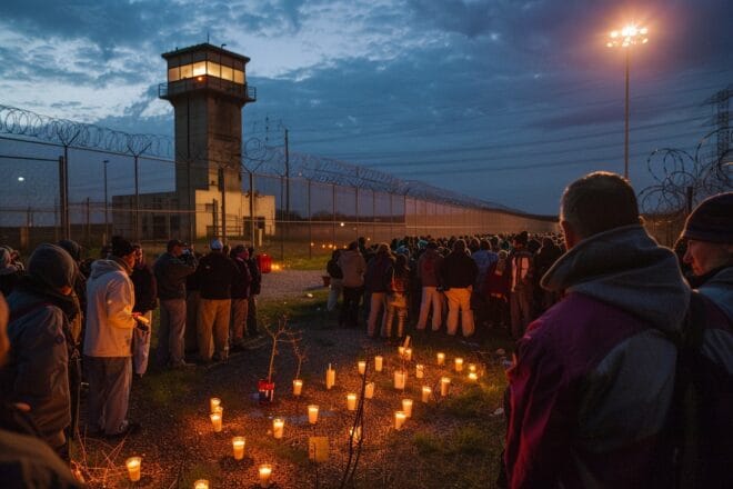 Illustration. Une veillée devant une prison.