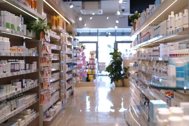 Illustration. Les rayons d'une pharmacie.