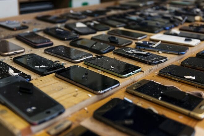 Illustration. Des smartphones attendant d'être réparés.