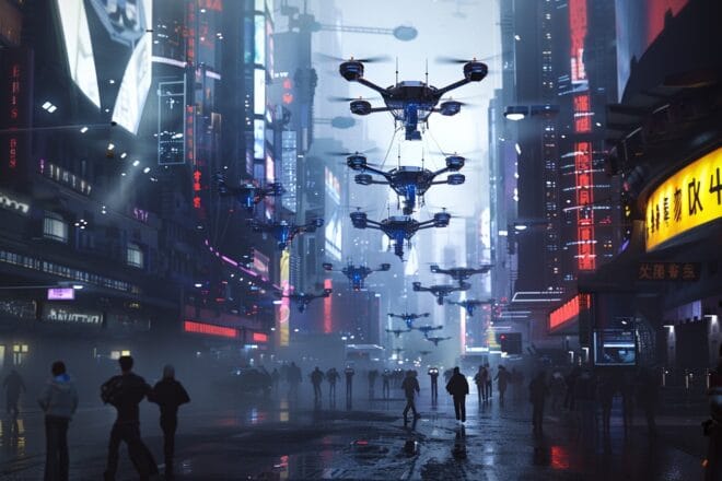 Un paysage urbain dystopique avec des drones de surveillance surveillant chaque mouvement des citoyens.