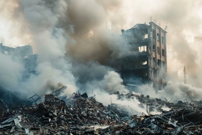 Illustration. Débris et restes fumants de bâtiments bombardés.