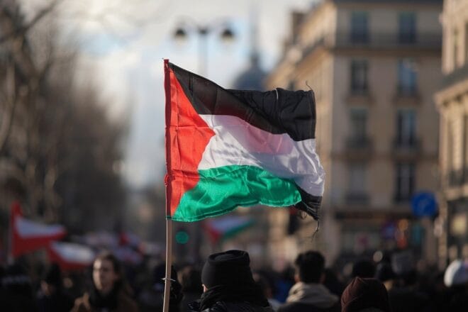 Illustration. Un drapeau de la Palestine brandi.