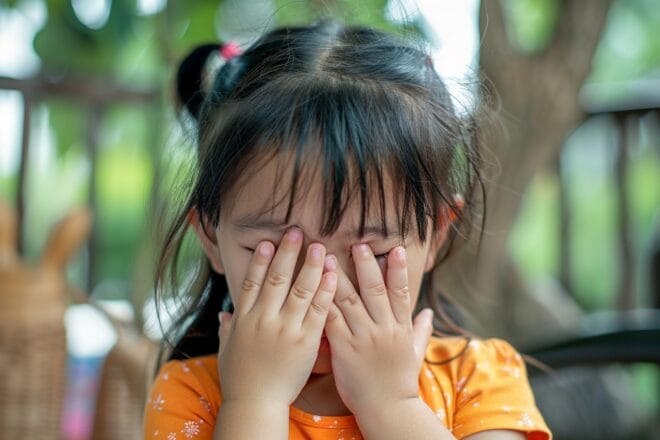 Illustration. Une enfant cache ses yeux.