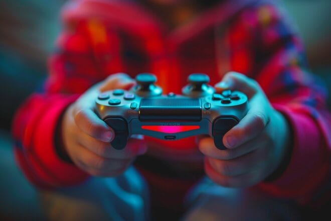 Illustration. Enfant et manette de jeu vidéo.
