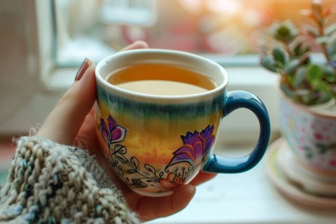 Illustration. Une main tenant une tasse.