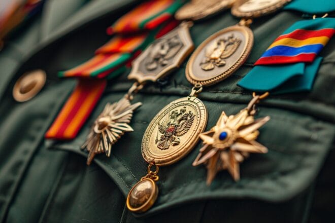 Illustration. Les médailles sur la veste d'un militaire haut gradé.