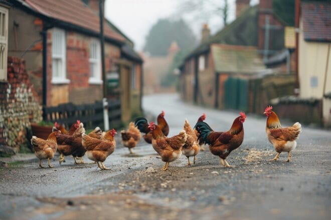 Illustration. Des poulets en liberté.