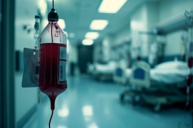 Illustration. Une poche de transfusion sanguine.