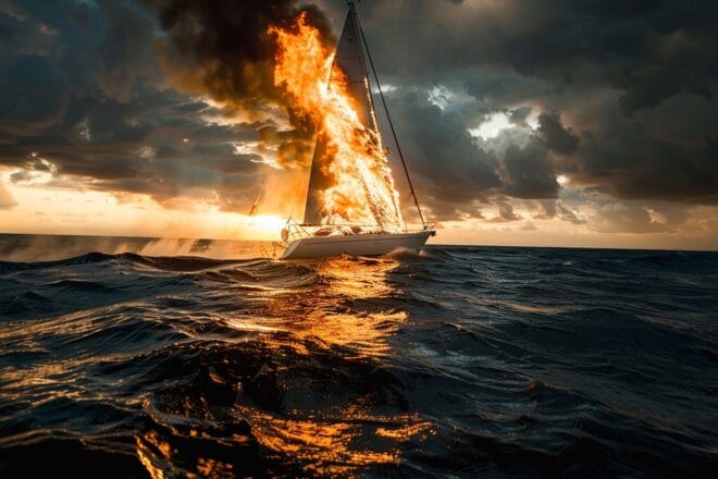 Illustration. Un voilier en feu.