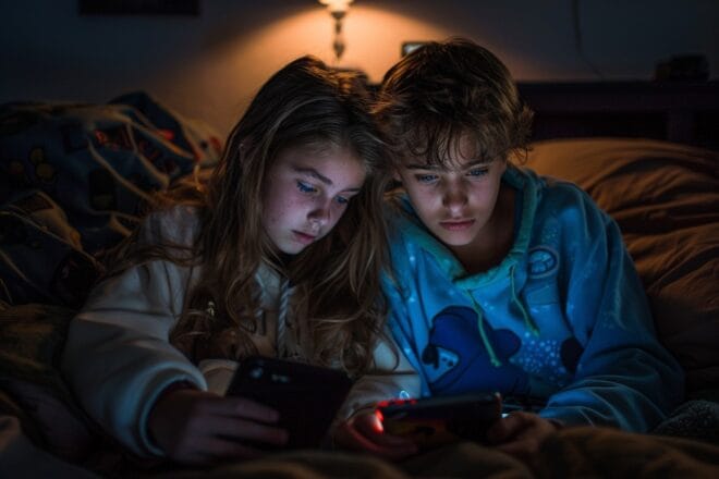Illustration. Deux ados les yeux rivés sur leur écran.
