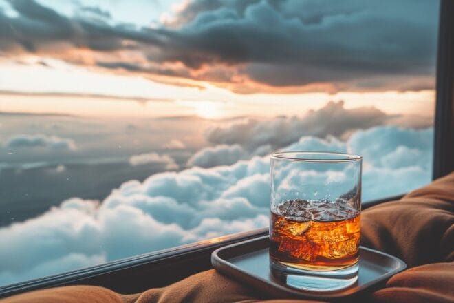 illustration. Un verre d'alcool au-dessus des nuages.