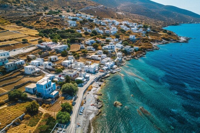 Illustration. Une vue pittoresque de l'île de Sikinos, en Grèce.