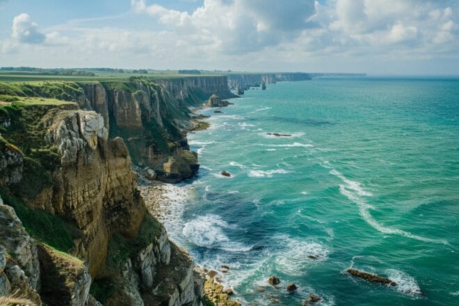 Illustration. Les falaises de la Pointe du Hoc surplombent les eaux agitées en contrebas.