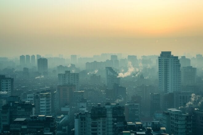 Illustration. Skyline remplie de smog d’une grande ville, montrant les conséquences de l’activité humaine.