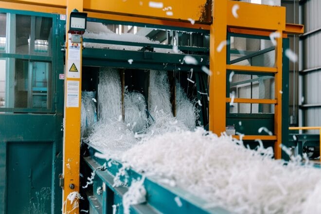 Illustration. Machines industrielles compactant et façonnant le polystyrène recyclé en nouveaux produits.