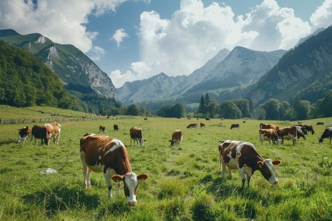 Illustration. Des vaches dans un alpage.