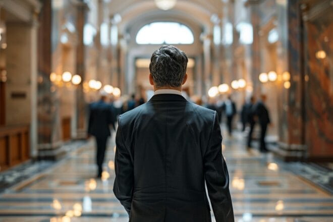 Illustration. Dans un palais de justice.