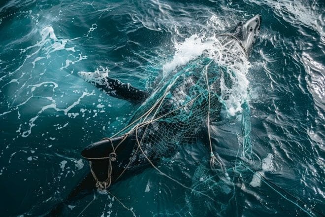 Illustration. Vue aérienne d'une baleine empêtrée dans un grand filet de pêche.
